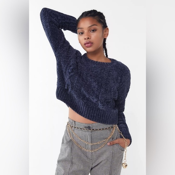 Urban Outfitters Sweaters - Urban Outfitters Dazzling Cable-Knit Cropped Chenille Velvet Sweater Dark Blue